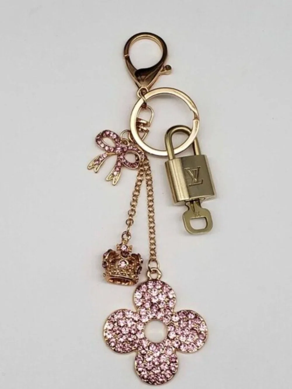LV Authentic Gold Lock & Key 🔑 Luxury Bag Charm w/ Unbranded Flower Keychain